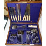 An oak cased part canteen of Old English pattern silver plated flatware, for Jays of 142/144