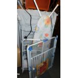 An electric clothes airer, two new clothes airers and an ironing board. (4)