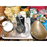 A set of Avery kitchen scales with weights, cast iron mouse doorstop, wall mounted duplex paraffin