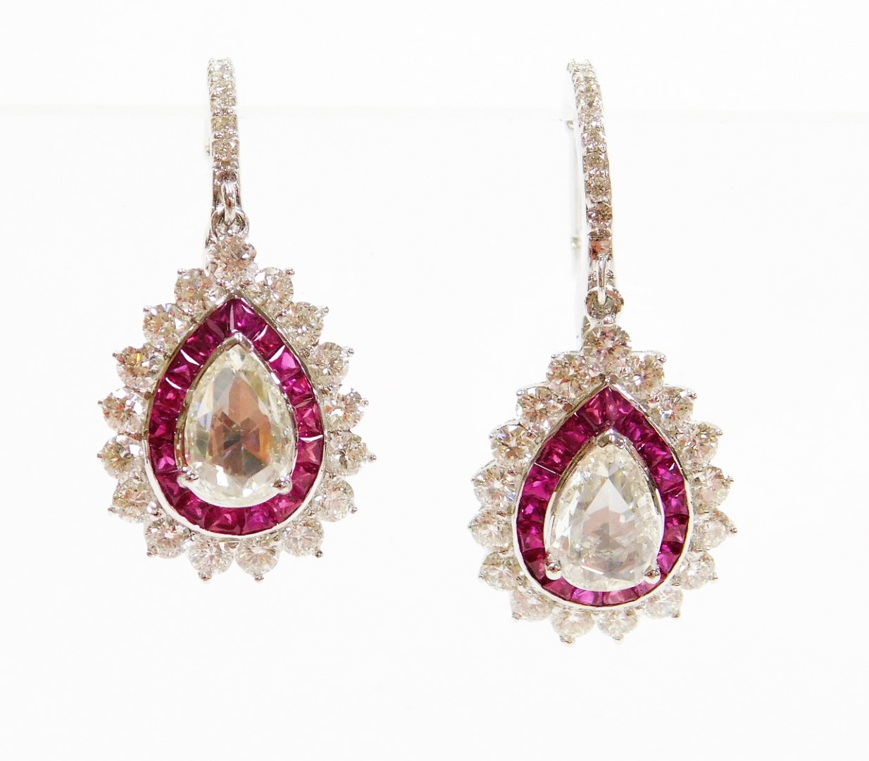 A pair of diamond and ruby drop earrings, each set with central rose cut diamond approx 1.23cts, - Image 2 of 3