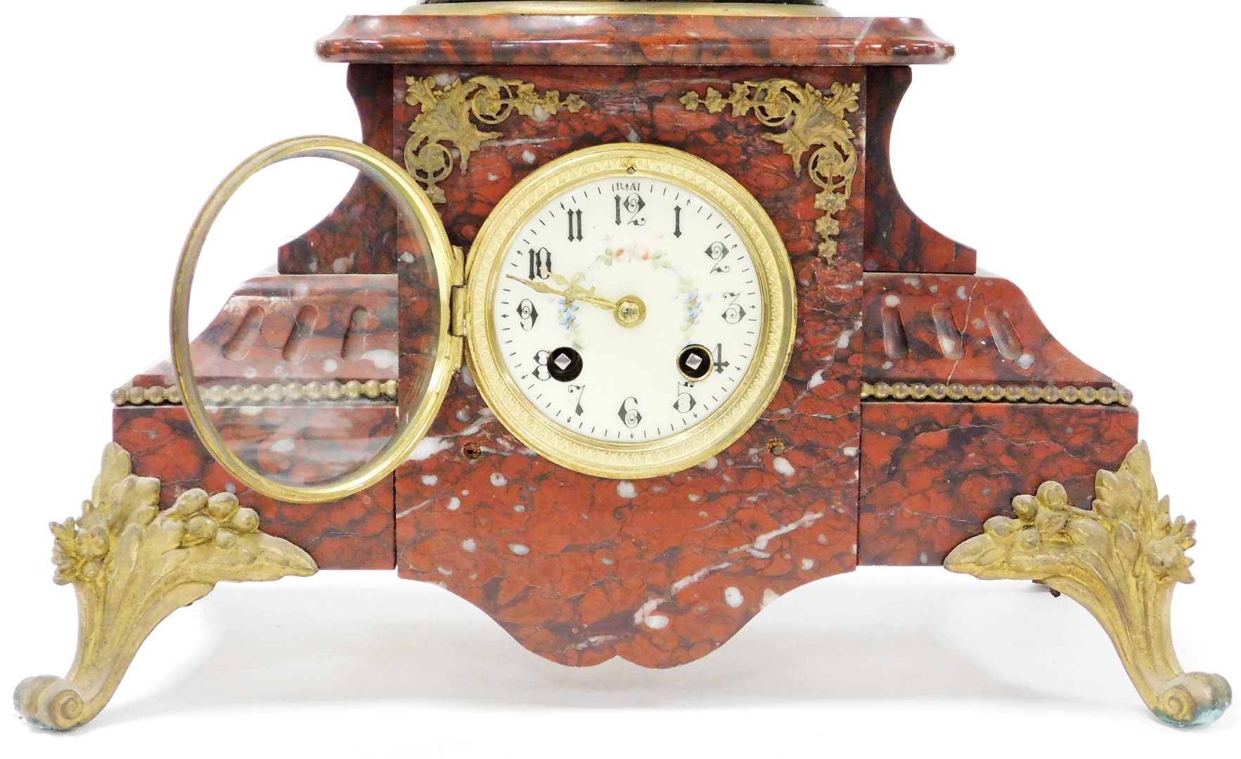 A late 19thC French clock garniture, with mantel clock, on a red marble base with a gilt spleter - Image 2 of 11