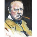 Terence Shelbourne (1930-2020). Portrait of a Winston Chruchill with cigar initialled W.S.C, oil