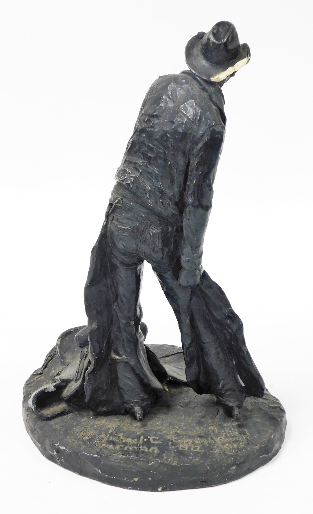 After Michael C Garman. Taking The Rough Off, bronze finished resin figure of a cowboy, signed and - Image 3 of 8