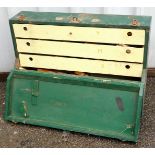 A green painted pine tool chest and contents, to include wooden handled screw drivers, chisels,