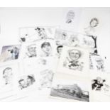 A group of facsimile copies of Terence Shelbourne caricatures and other pencil sketches, including