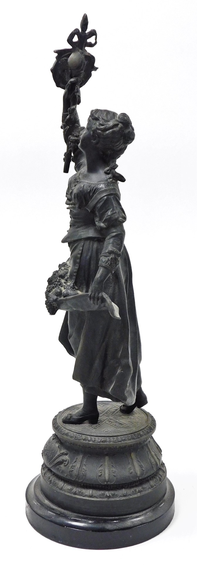 A pair of late 19thC spelter figures, a young lady and gentleman, each with grape vines and flowers, - Image 9 of 12