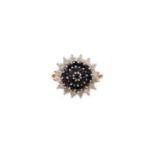 A 9ct gold dress ring, with central layered cluster, set with white and black stones, on two splayed