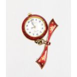 A Verity fob watch, with bow brooch top and small fob watch base, with red enamel and gilt