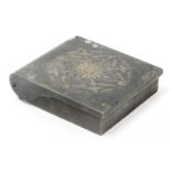 A steel square cigar case, with etched flower design to centre and a turn wheel cutter end, 9cm