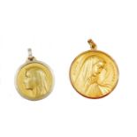 Two pendants, comprising a religious pendant, yellow metal, unmarked, depicting a maiden with