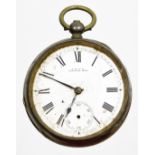 A late 19thC silver pocket watch, stamped A.W.W.Co Waltham Mass, with a white enamel dial with Roman