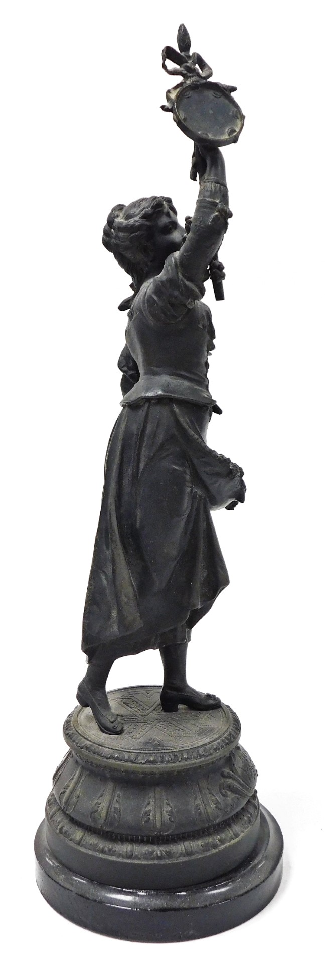 A pair of late 19thC spelter figures, a young lady and gentleman, each with grape vines and flowers, - Image 11 of 12