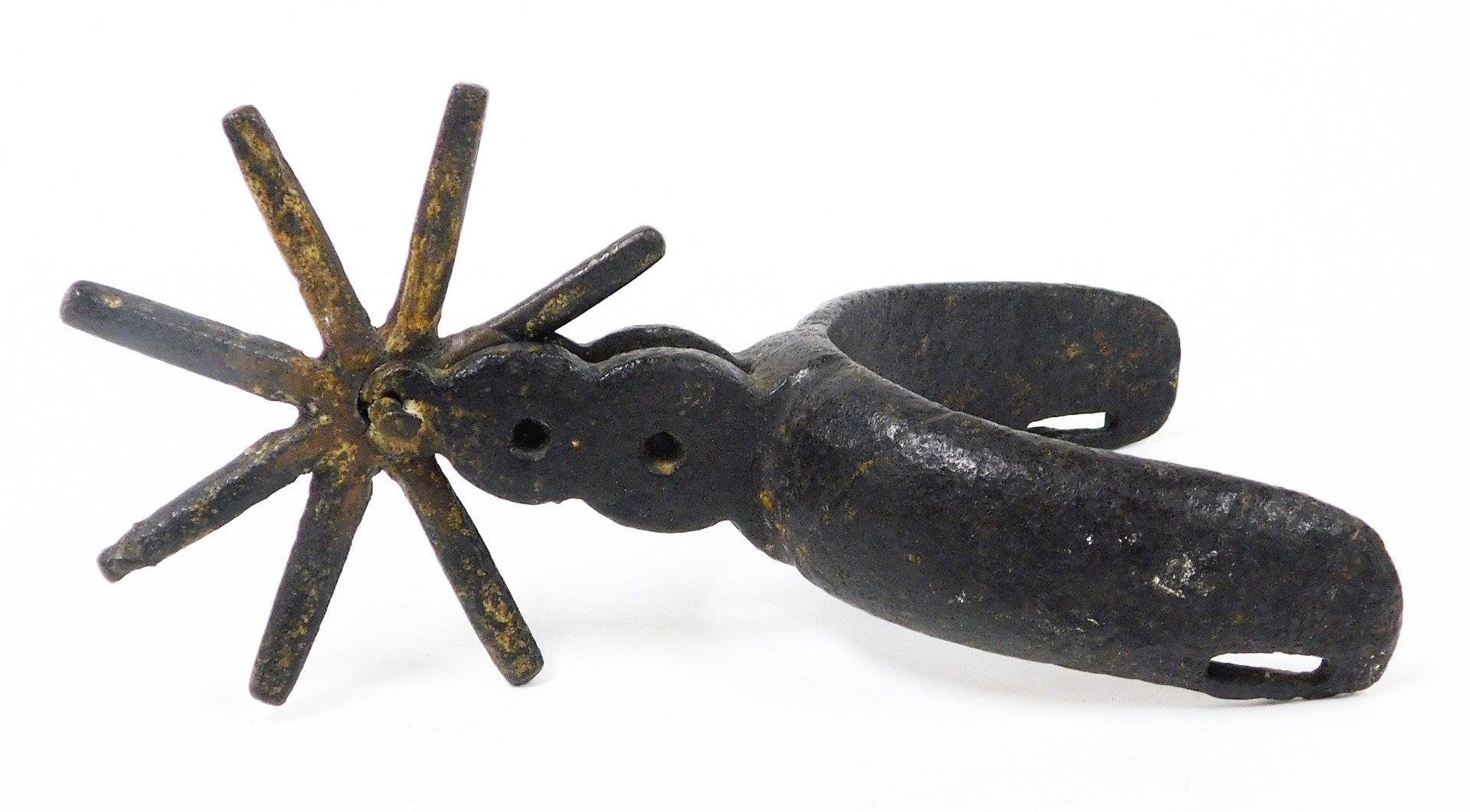 A 19thC iron boot spur, with revolving wheel on boot clip, 16cm long overall. - Image 2 of 3