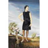 Terry Shelbourne (1930-2020). Figure of a lady in dress, with flowers, oil on board, signed and