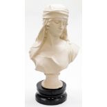 A plaster bust of a female in head dress, unmarked with wooden plinth base, 56cm high.
