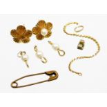 A pair of 9ct gold floral cluster earrings, with central cultured pearl (one missing), and a part