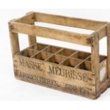 A wooden wine carrying crate, stamped Masse-Meurisse Armentieres 550FRS, 38cm high, 58cm wide,