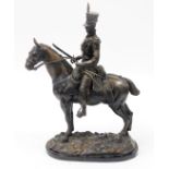 A 20thC bronze figure of a British mounted cavalry officer of the 17th/21st Lancers, on a black