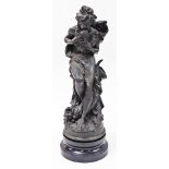 After Carrier Belleus. Bronzed resin figure of a seated maiden, with birds on a black plinth base,