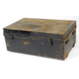 An early 20thC tin travel trunk, bearing the name Dupuy, with two lock clasps, and two carrying