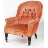 An Edwardian button back chair, in pink upholstered material with button back and corded banding