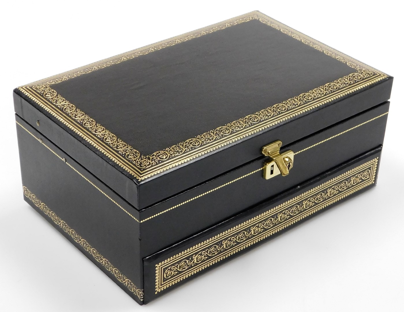 A black faux leather jewellery box and contents, comprising two gold plated dress rings, earrings, - Image 5 of 5
