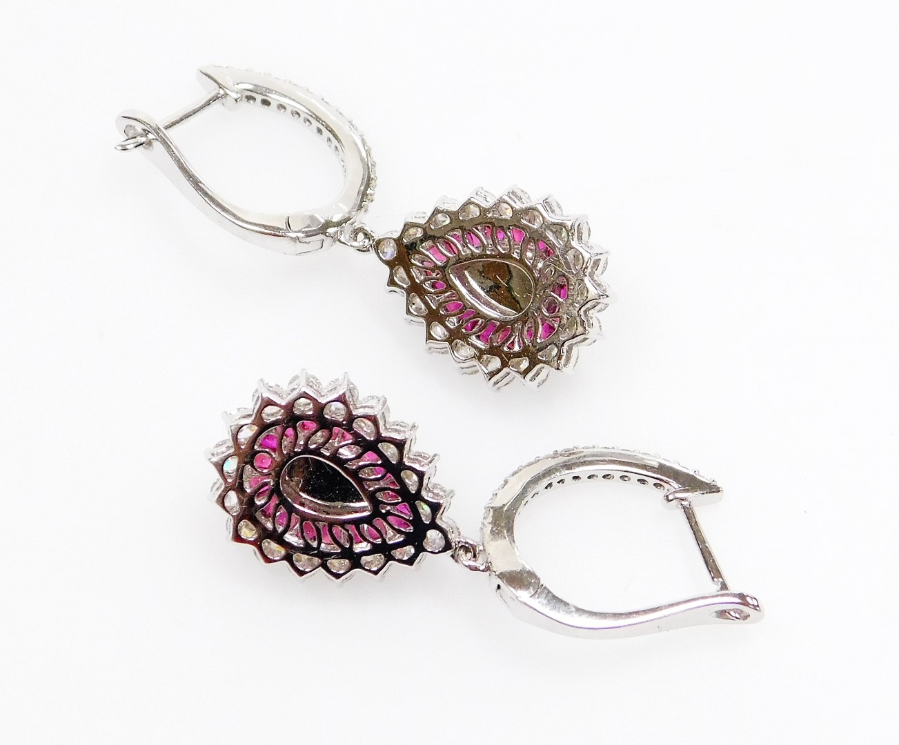 A pair of diamond and ruby drop earrings, each set with central rose cut diamond approx 1.23cts, - Image 3 of 3