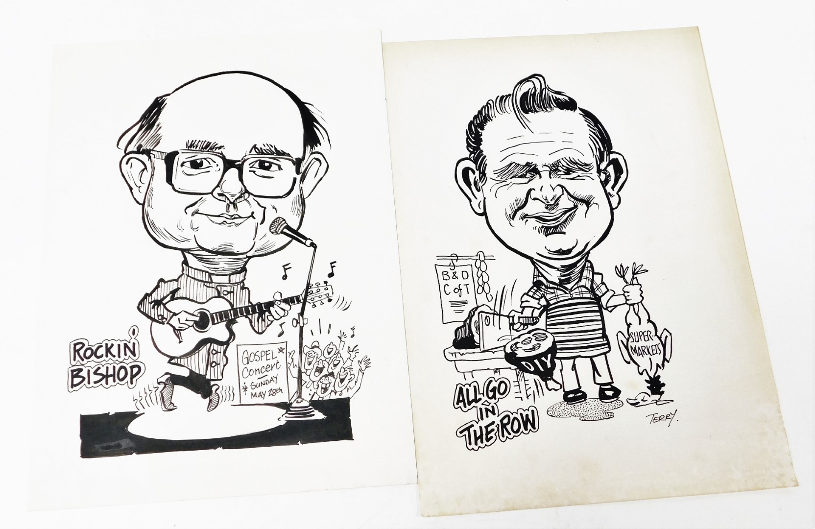 Terence Shelbourne (1930-2020). Various pen and ink caricatures, to include All Go In The Row, - Image 2 of 7