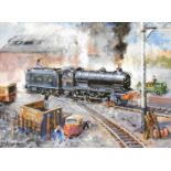 Terence Shelbourne (1930-2020). Locomotive scene, oil on panel, signed and dated '01, 27cm x 38cm,