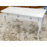 A modern painted console table, the rectangular shaped top with three single drawers with shaped