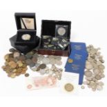 A group of coins, to include World War I silver commemorative coin, with box and certificate of