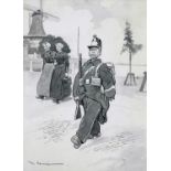 Tom Browne (1872-1910). Military gentleman and two ladies by windmill, pen and ink sketch, 35.5cm