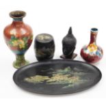 A group of Oriental items, to include a black lacquer barrel shaped box and tray, with gold coloured