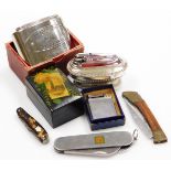 Various lighters pen knives and trinket boxes, to include a steel camping knife, a wooden handled