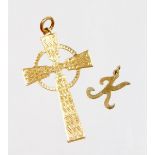 Two pendants, comprising a 9ct gold crucifix pendant, with scroll decoration, 3.1g, and a yellow