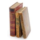 Three leather bound books, to include Hemans Poetical Works, red leather binding with inscription