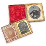 Two daguerreotype photographs, one depicting a gentleman, in a leather case, 7.5cm x 6cm, and a