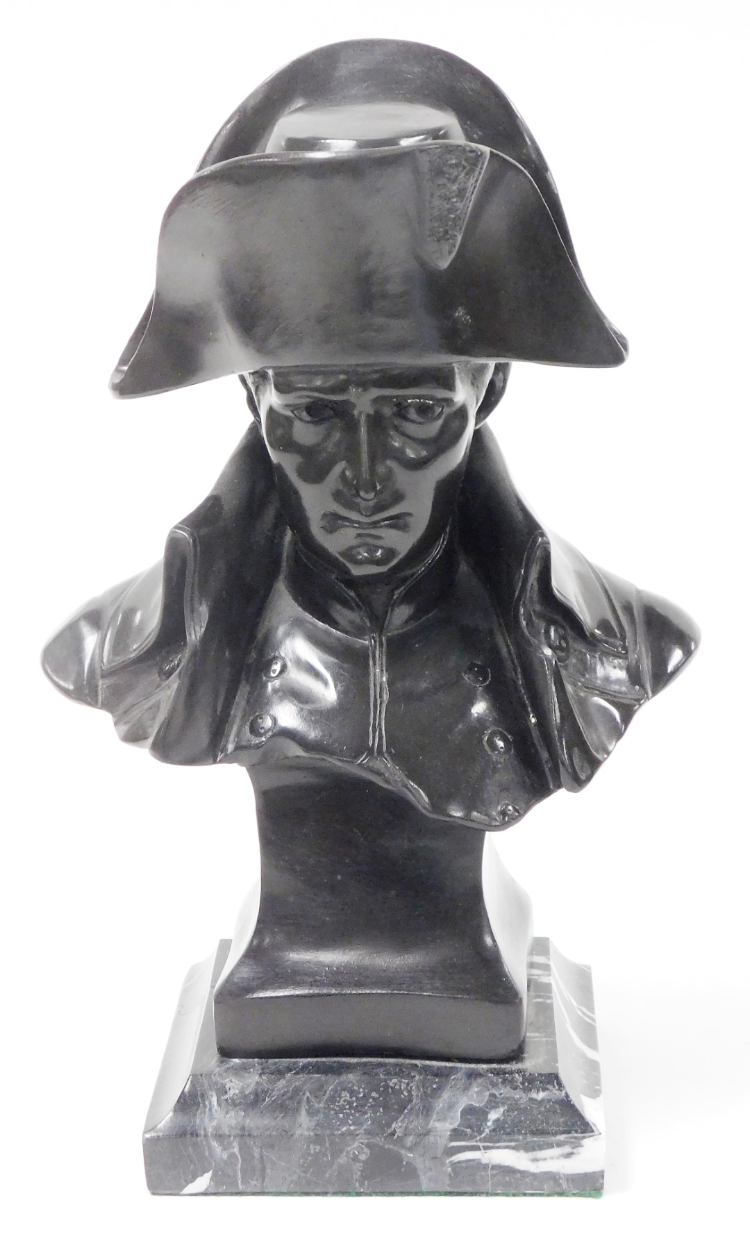 After Lecomte. A bronze bust of Napoleon, dated 82 on a square marble base, 35cm high, 15cm wide.