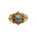 A turquoise and diamond floral cluster ring, with central turquoise stone, and various pave set