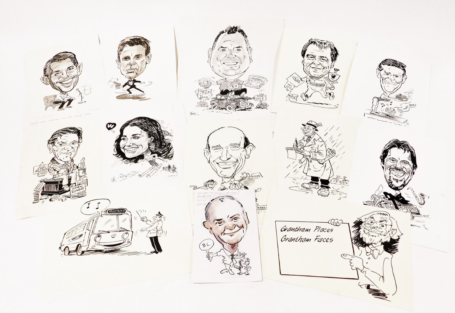 Terence Shelbourne (1930-2020). A group of caricature pen and ink drawings, to include 'Grantham