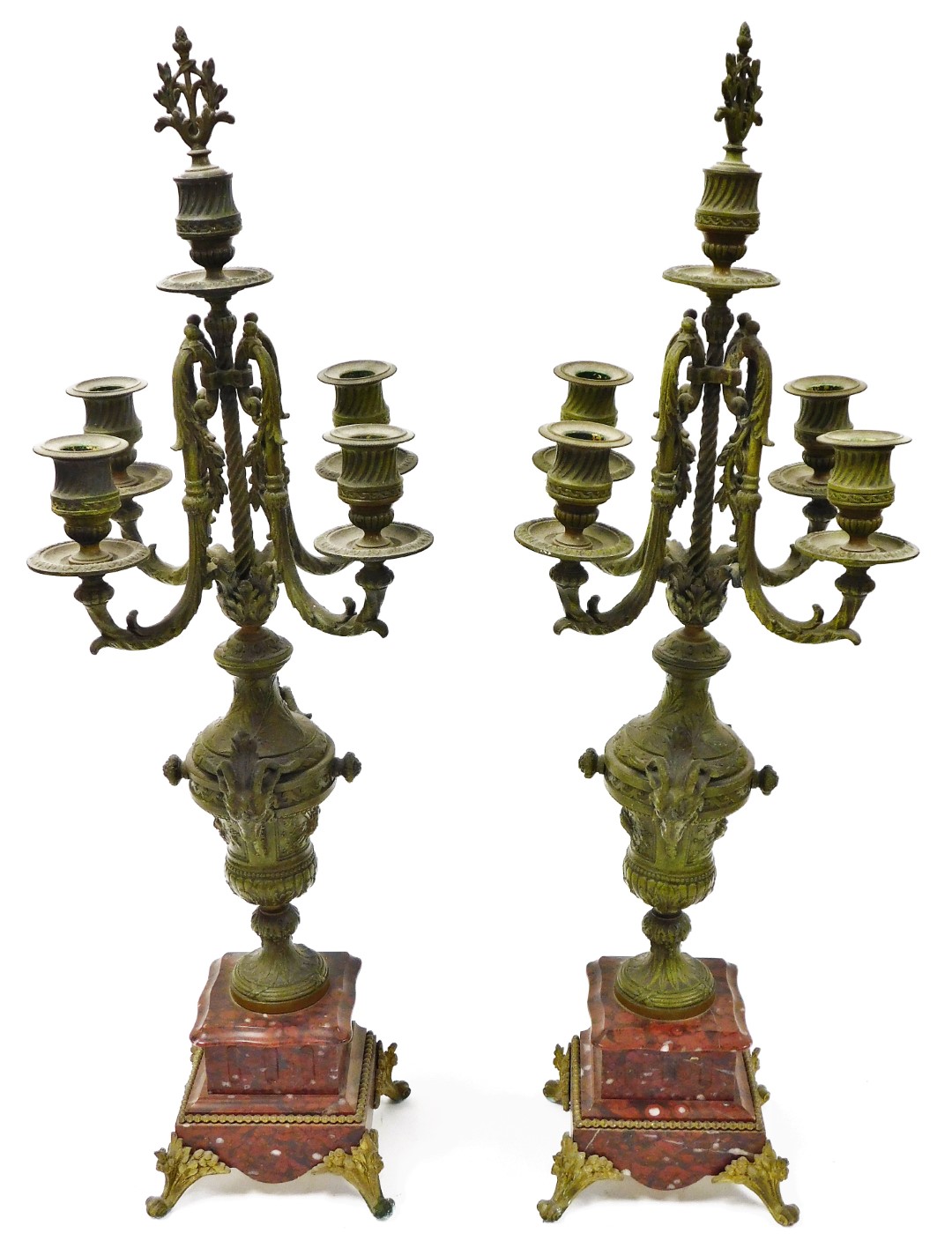 A late 19thC French clock garniture, with mantel clock, on a red marble base with a gilt spleter - Image 7 of 11