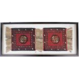 Two Eastern square rugs, each on red ground with central medallion, tassel ends, 30cm x 30cm each,