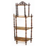 A Victorian four tier walnut and marquetry whatnot, on turned supports and finials, with a