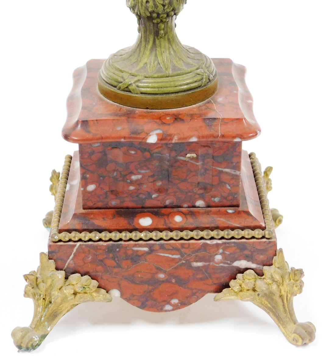 A late 19thC French clock garniture, with mantel clock, on a red marble base with a gilt spleter - Image 11 of 11