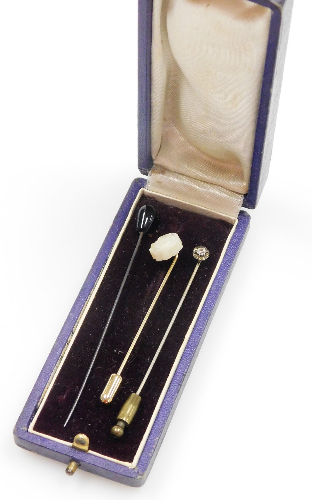 Three stick pins, comprising an old cut diamond set stick pin, on steel pin, a mother of pearl - Image 2 of 2