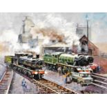 Terence Shelbourne (1930-2020). Railway scene, with three locomotives, oil on canvas, signed and