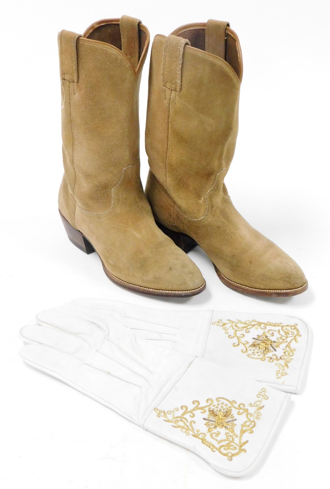 A pair of Wild West suede riding boots and gloves, the light brown boots 35cm high, together with