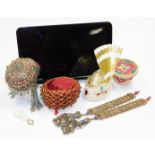 A group of Kailash wedding items, to include a red hat with paste stone drop gold string design
