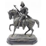 After E Laurent. Spelter figure of a rider on horseback, with plaque Quentin Durward, on an ebonised