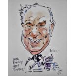 Terence Shelbourne (1930-2020). Brian with Brolly and Trolley, caricature, watercolour, signed and